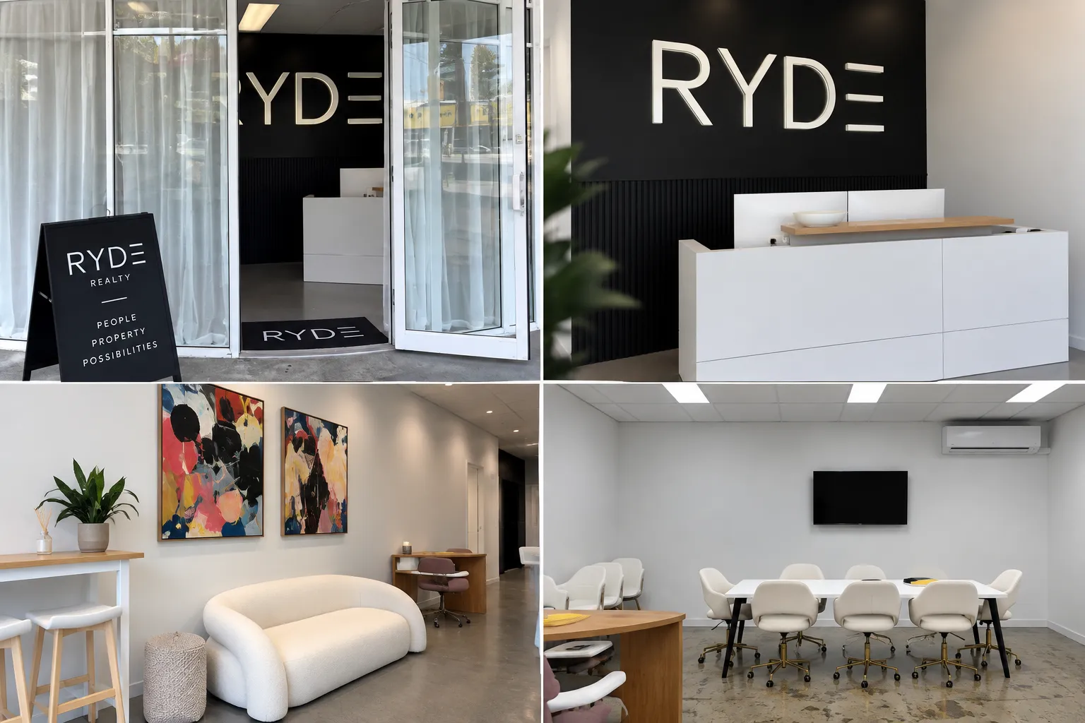Inside the RYDE Realty office: the street entrance, the reception desk beneath the RYDE sign, the lounge and the meeting room